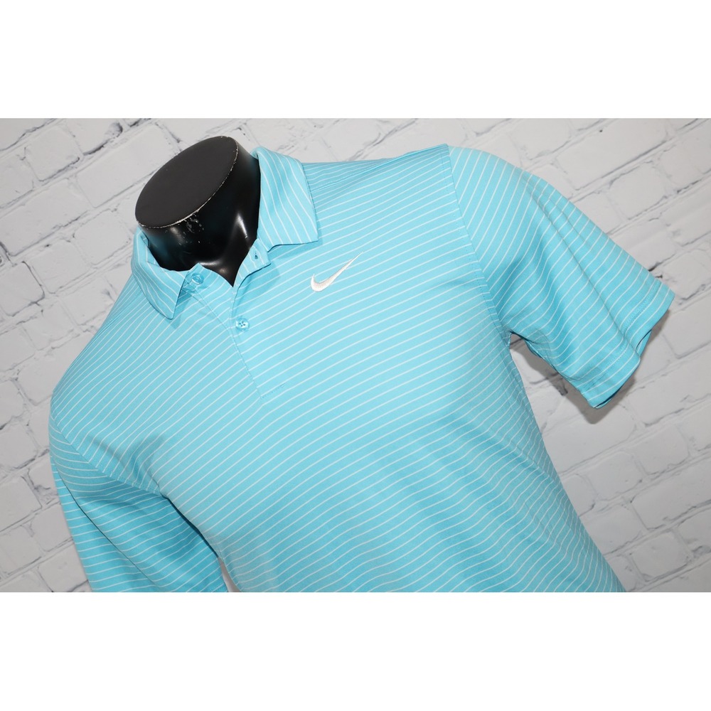 Nike Golf Polo Mens Medium Light Blue Striped Dri-Fit Short Sleeve Performance